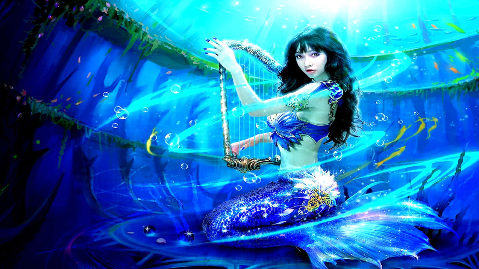 Graceful Mermaid Playing A Harp Wallpaper