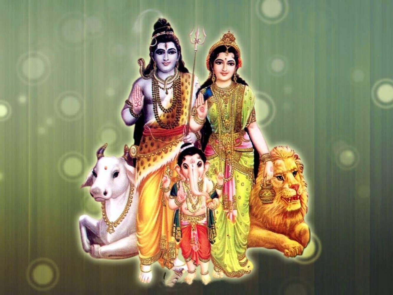 Green Aesthetic Shiva Parvati With Child Ganesha Wallpaper