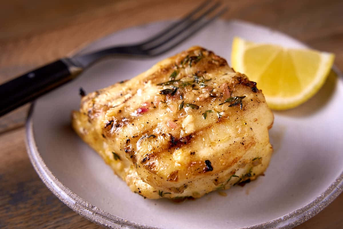 Grilled Halibut Steak Lemon Garnish.jpg Wallpaper