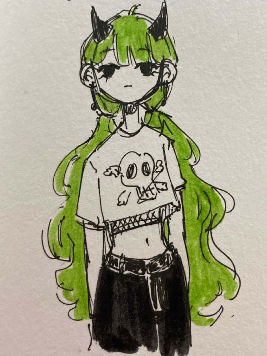 Grunge Cartoon Girl Green Horns Wallpaper