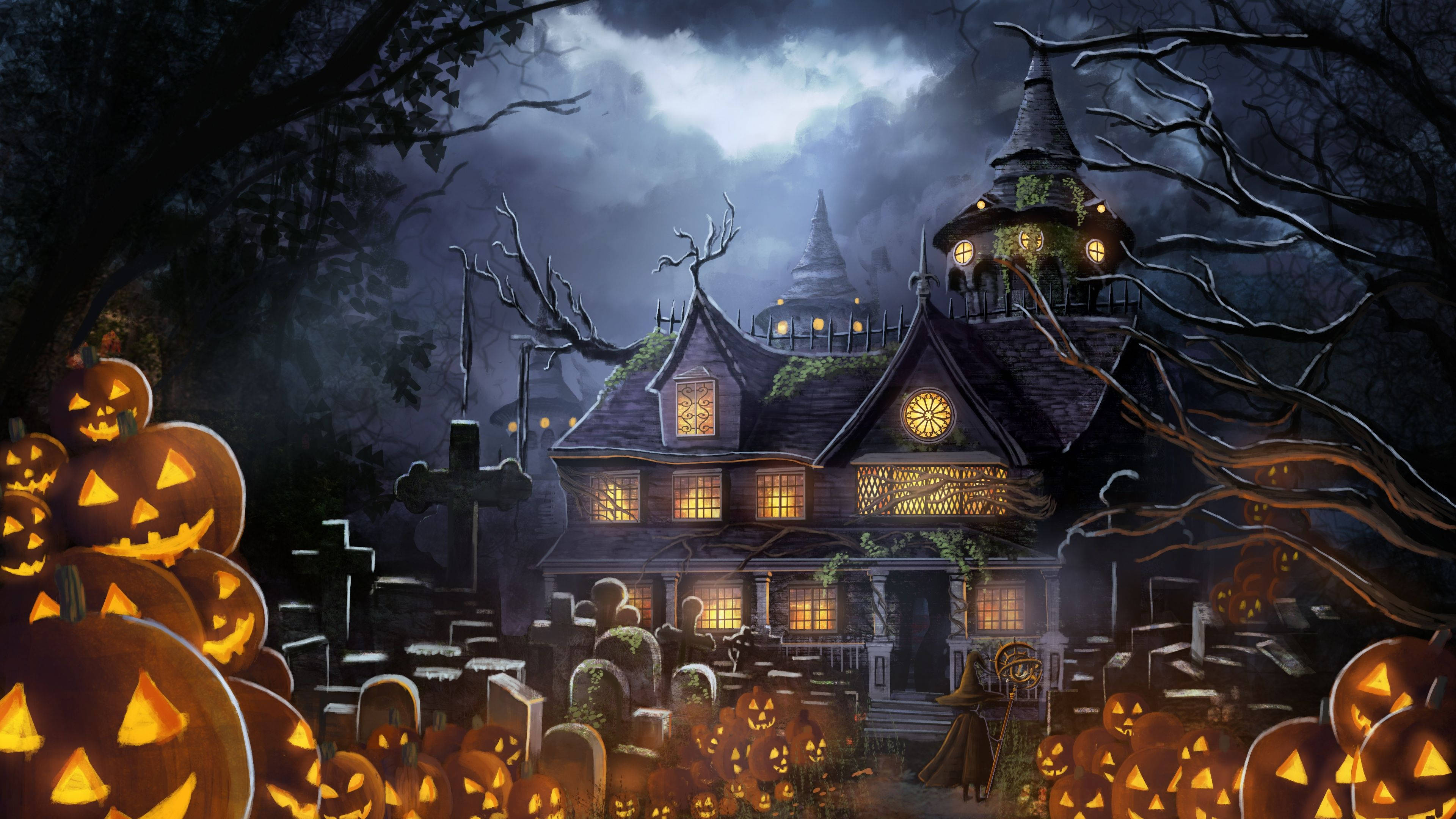 Haunted House And Jack-o’-lantern Graveyard Wallpaper