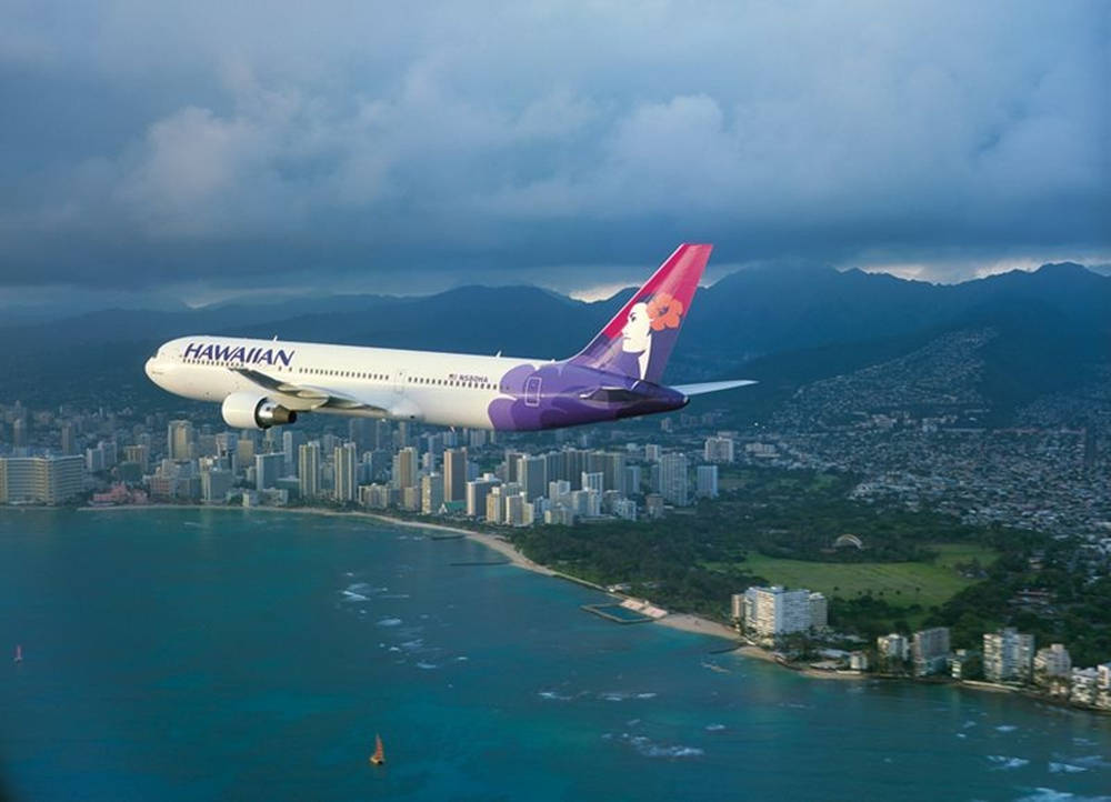 Hawaiian Airlines Plane With Cityscape View Wallpaper