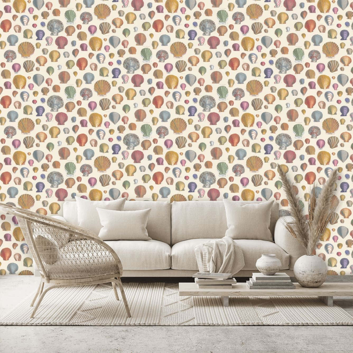 Inviting Aesthetic Living Room Incorporating Seashell Design Elements Wallpaper