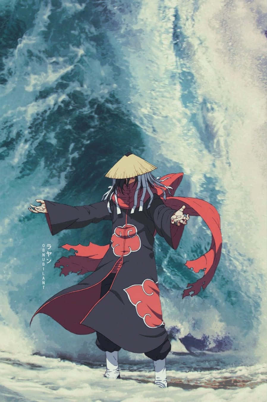 Itachi Aesthetic Wearing Akatsuki Cloud Robe With Arms Open And Big Wave Crashing Wallpaper