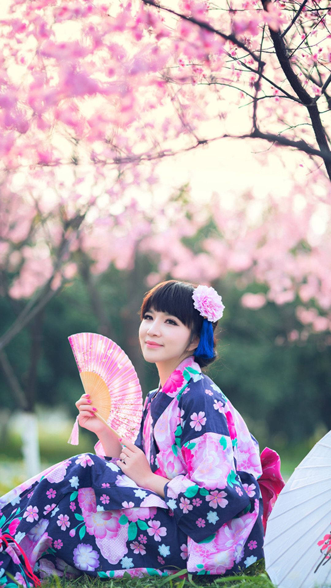 Japan Girl Floral Yukata Sakura Tree Wallpaper