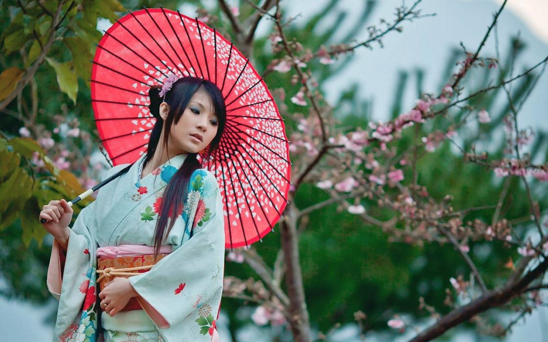 Japan Girl Red Umbrella And Yukata Wallpaper