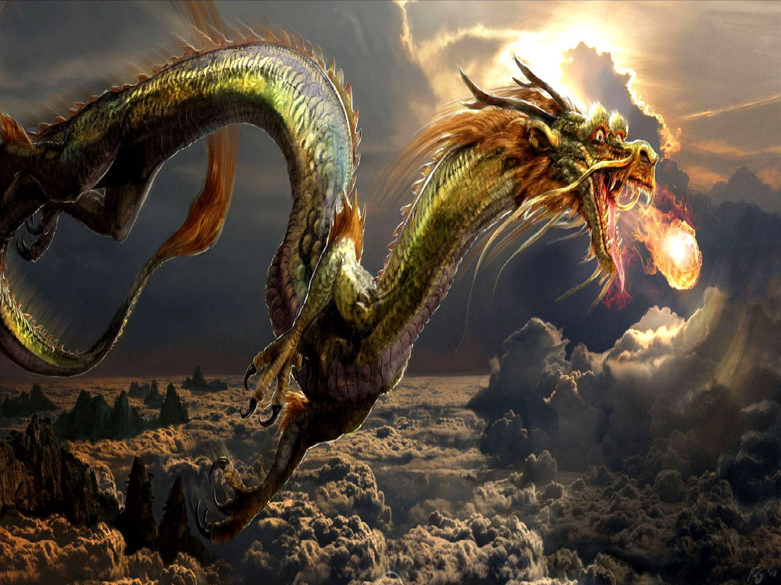 Japanese Dragon Art Spitting Fireball Wallpaper