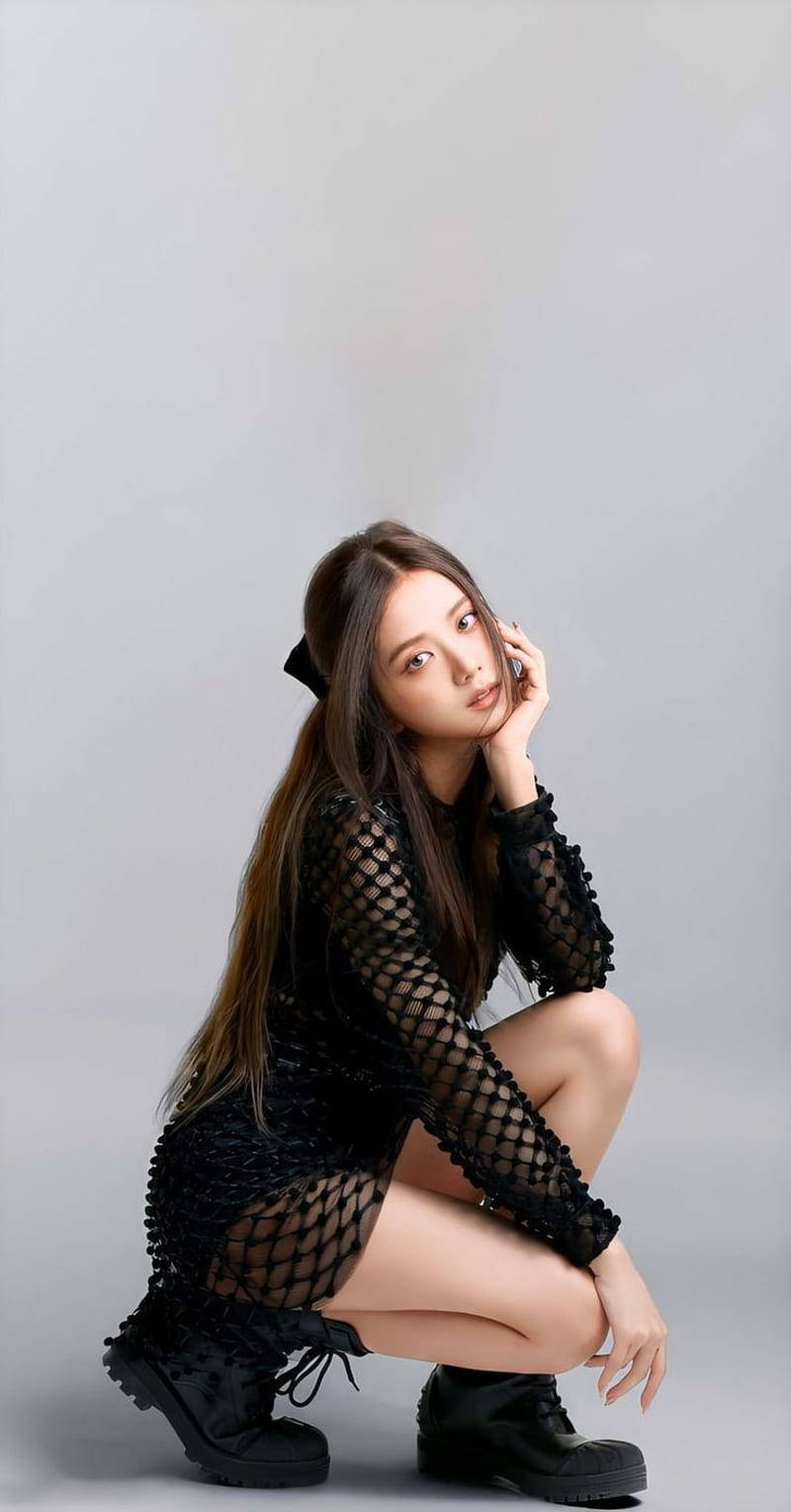 Jisoo Cute Black Outfit Combat Boots Wallpaper