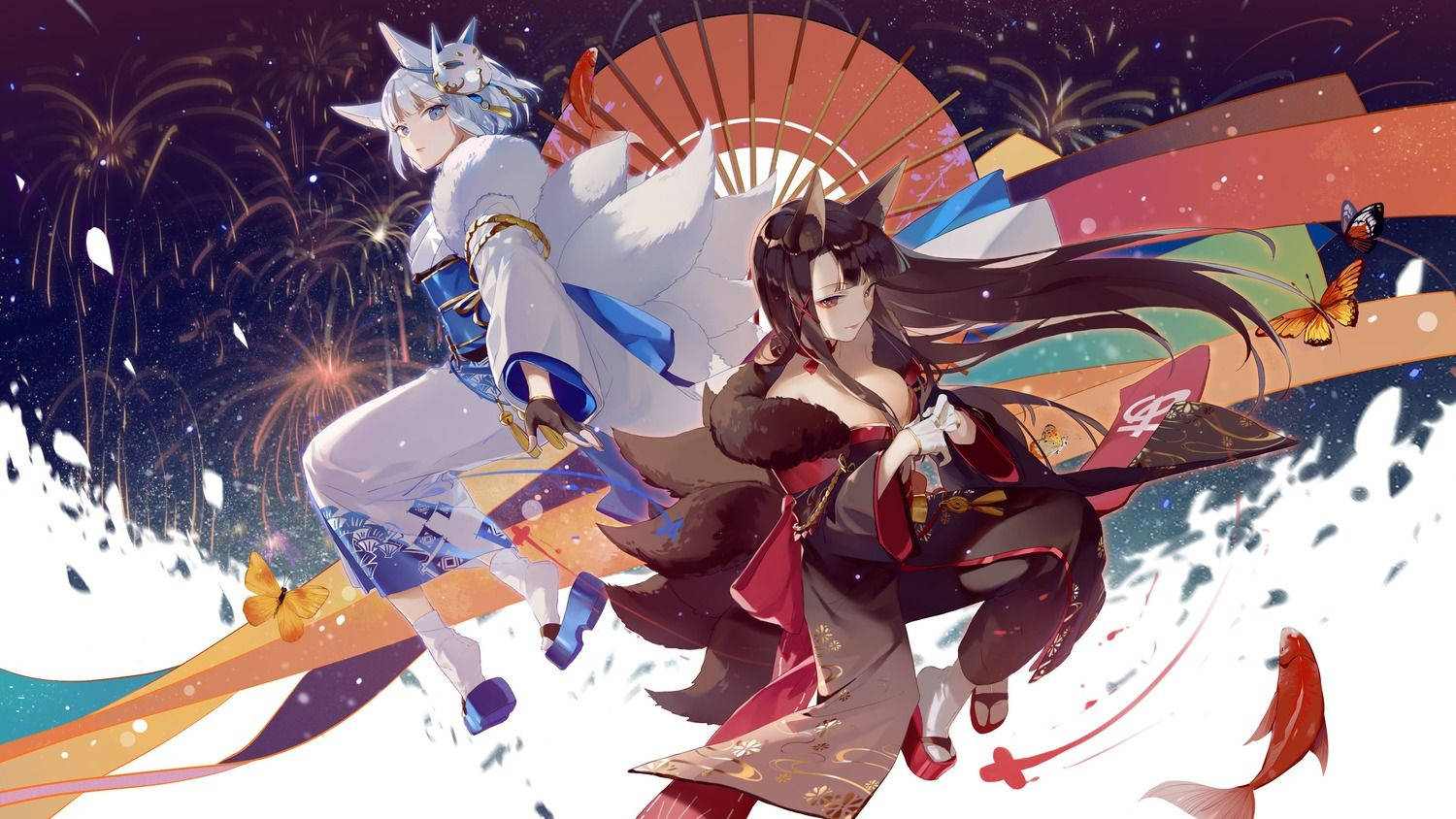 Kaga And Akagi Enjoy Fireworks During Azur Lane Wallpaper