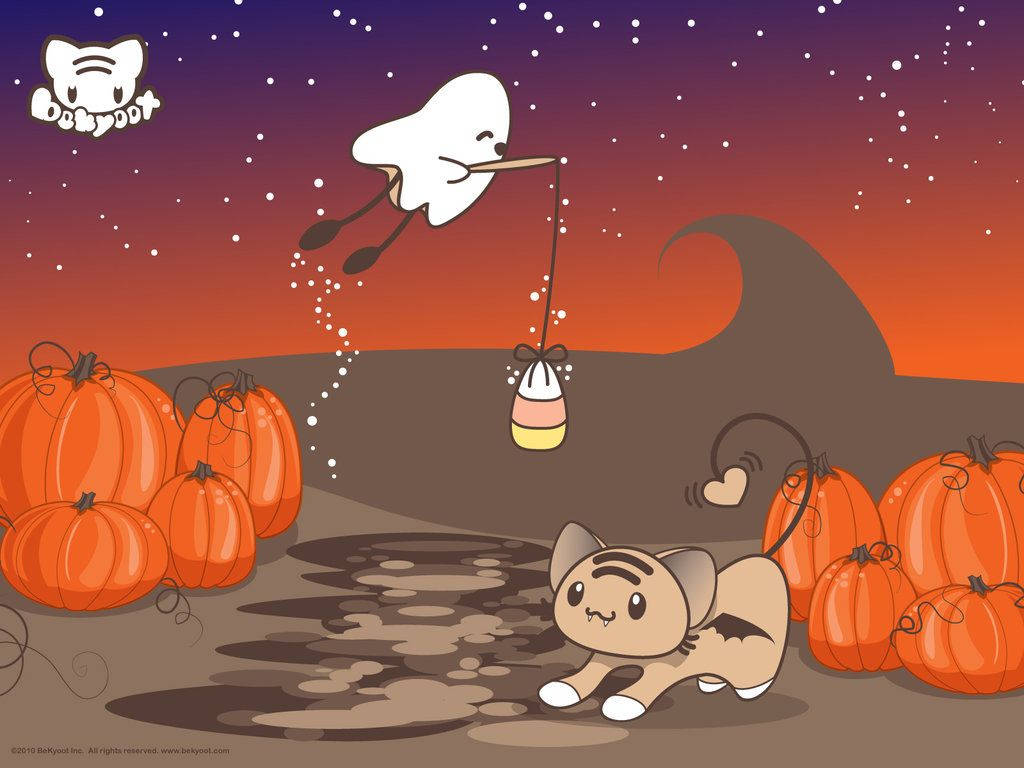 Kawaii Halloween Stretching Cat Wallpaper