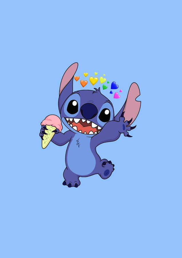 Kawaii Stitch With Rainbow Hearts And Ice Cream Wallpaper