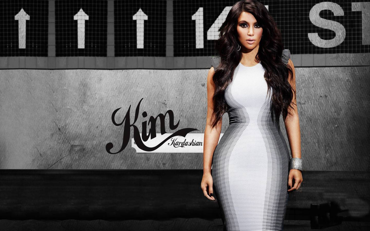 Kim Kardashian Looking Gorgeous In A Striped Dress Wallpaper