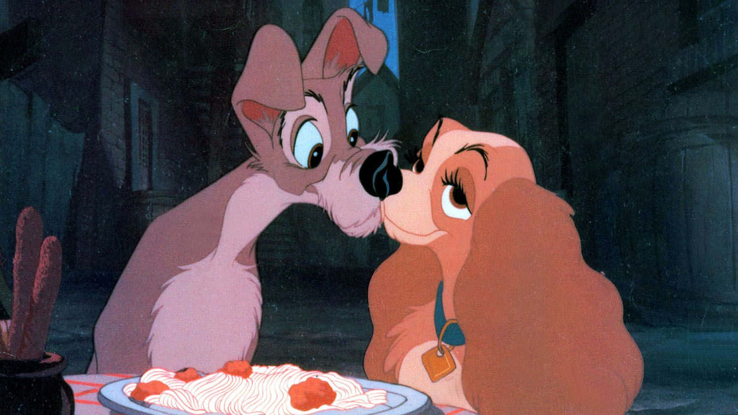 Lady And The Tramp Sharing A Romantic Spaghetti Dinner Wallpaper