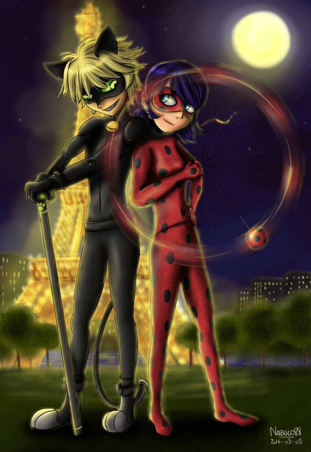 Ladybug And Cat Noir Eiffel Tower At Night Wallpaper