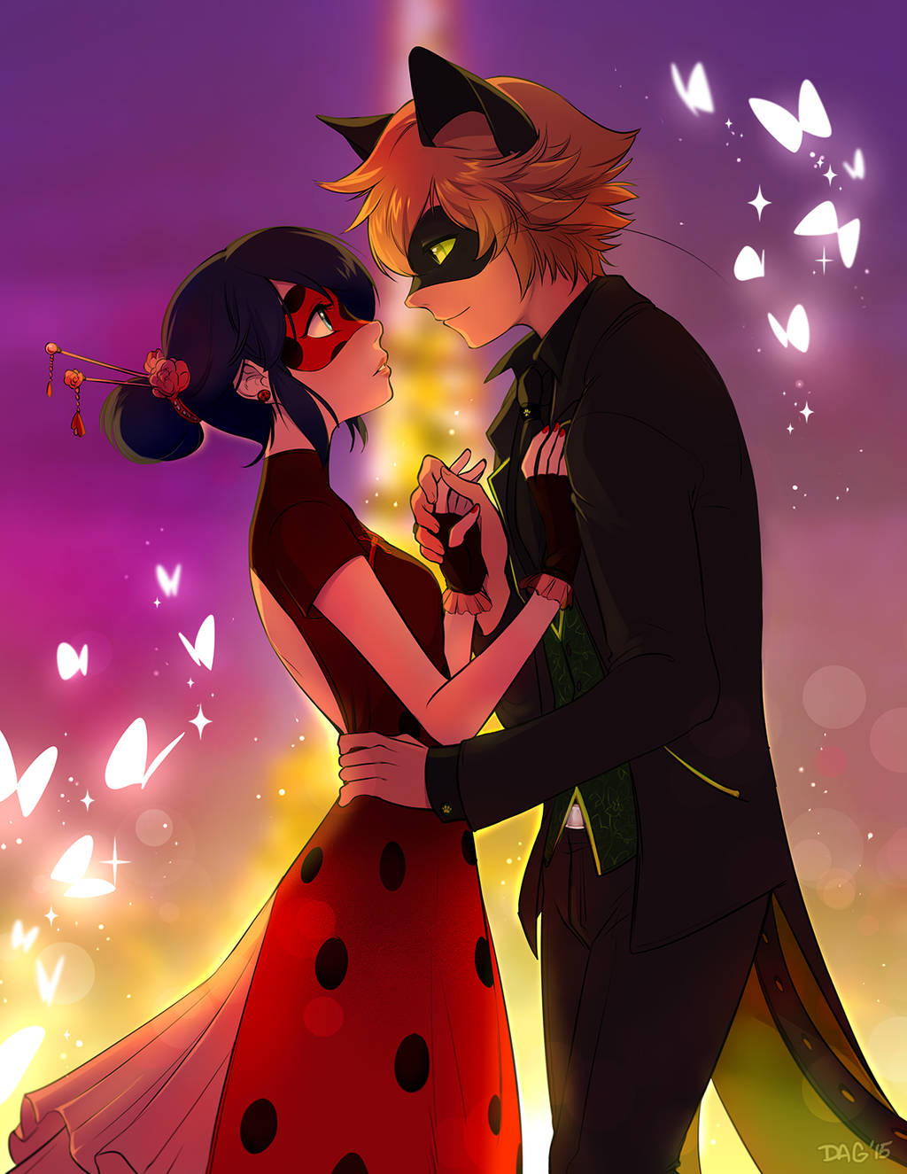 Ladybug And Cat Noir Kiss Butterflies Wallpaper