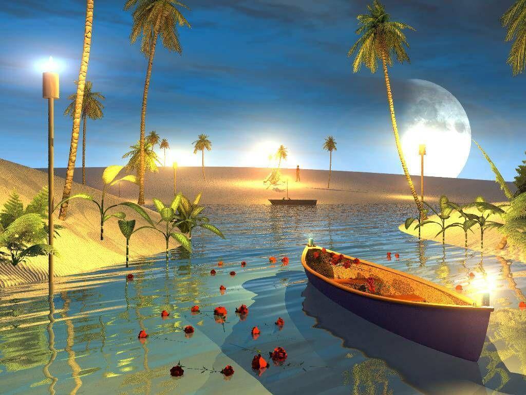 Lake At Night Paint Art Wallpaper