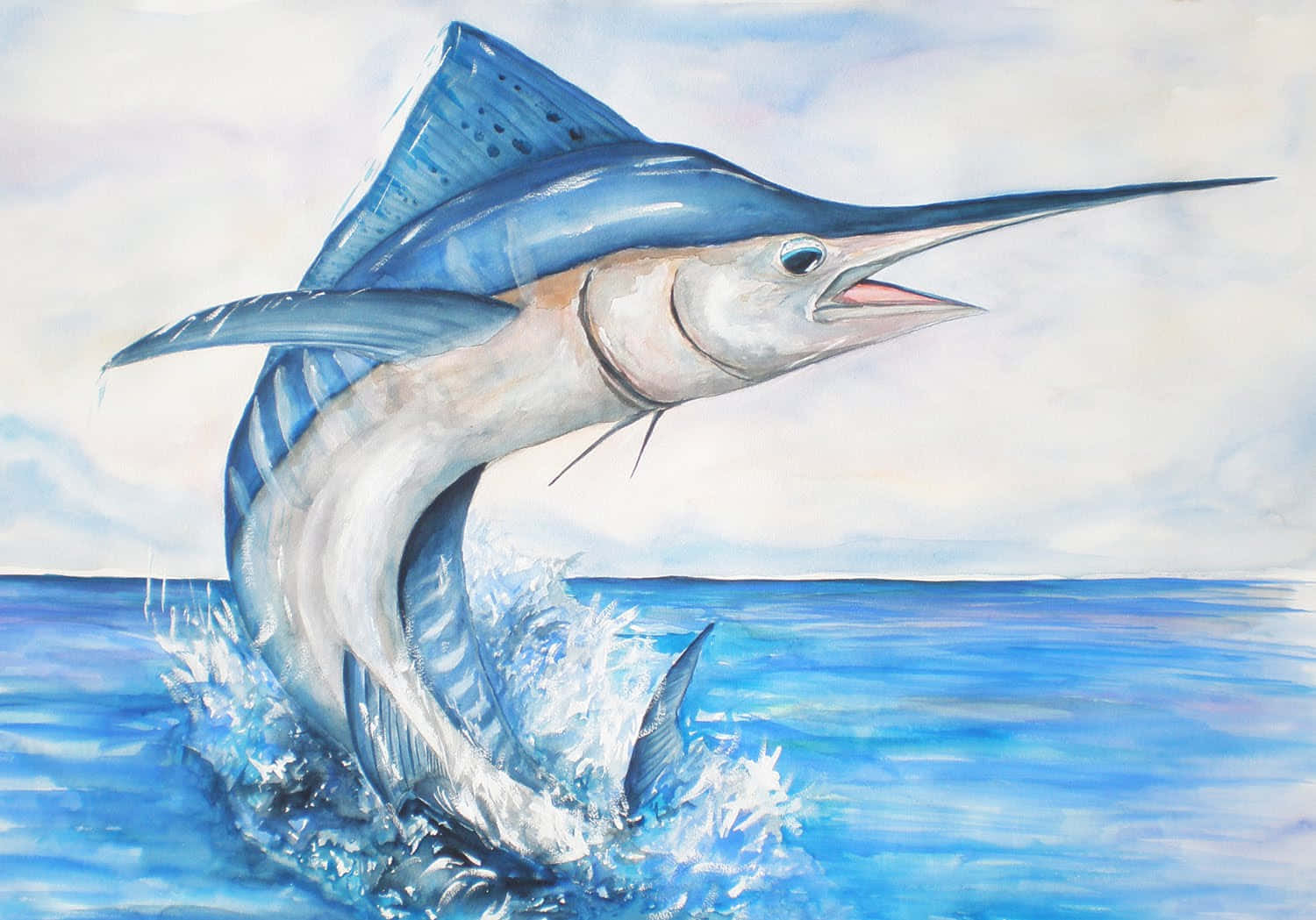 Leaping Swordfish Watercolor Wallpaper