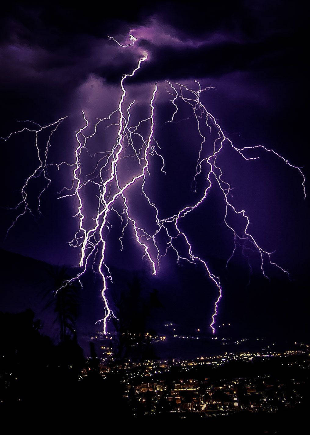 Light Purple Lightning Over City Wallpaper