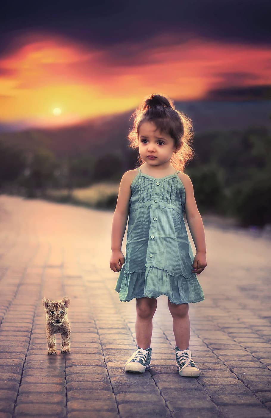 Little Girl Child With Tiger Cub Wallpaper