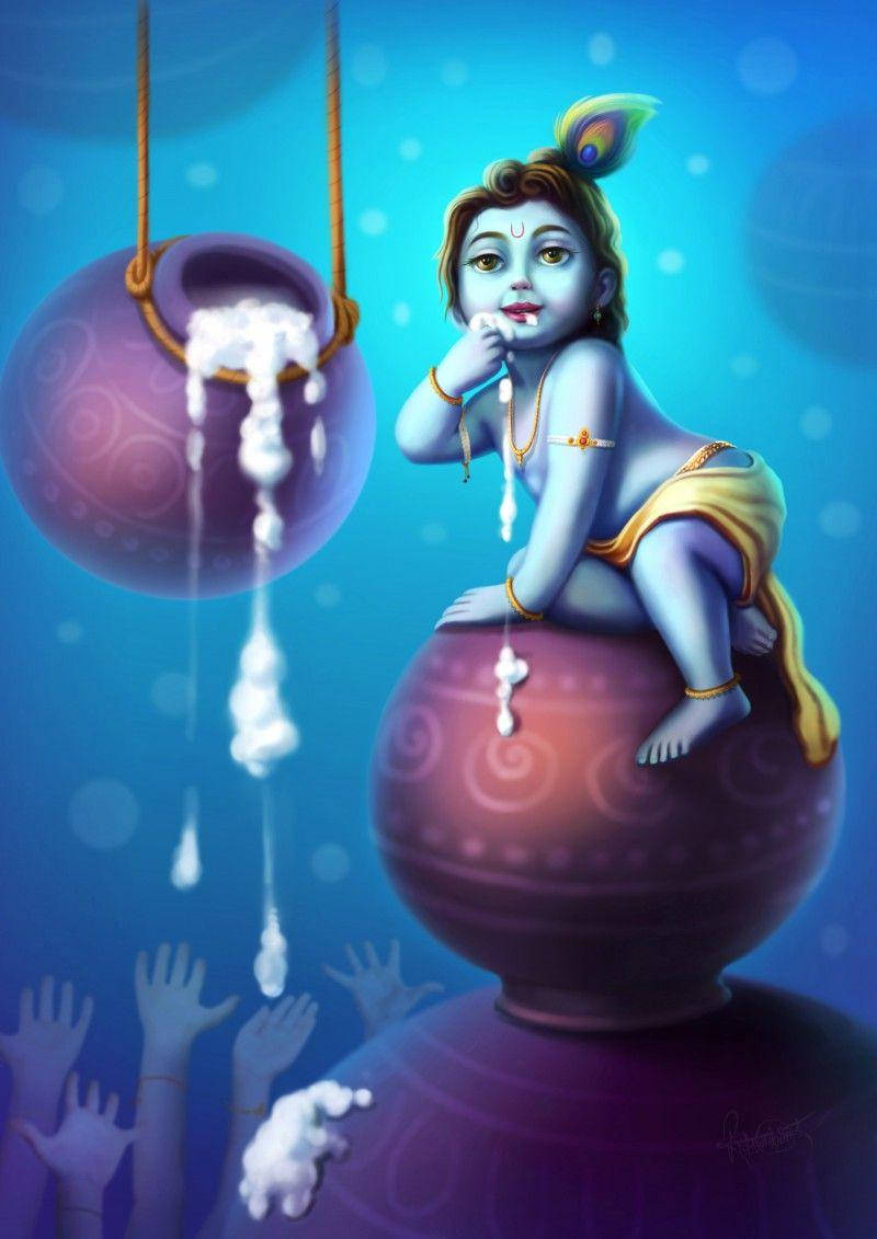 Little Krishna Milk Jar Wallpaper