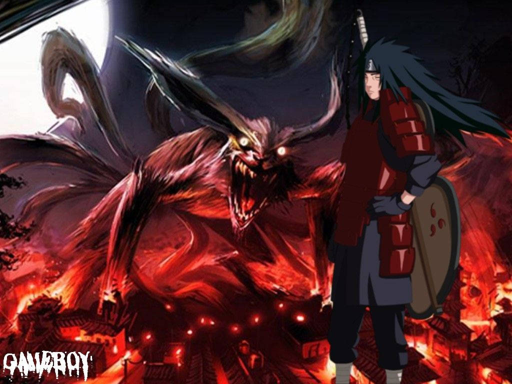 Madara Uchiha Facing Enraged Kyuubi Wallpaper