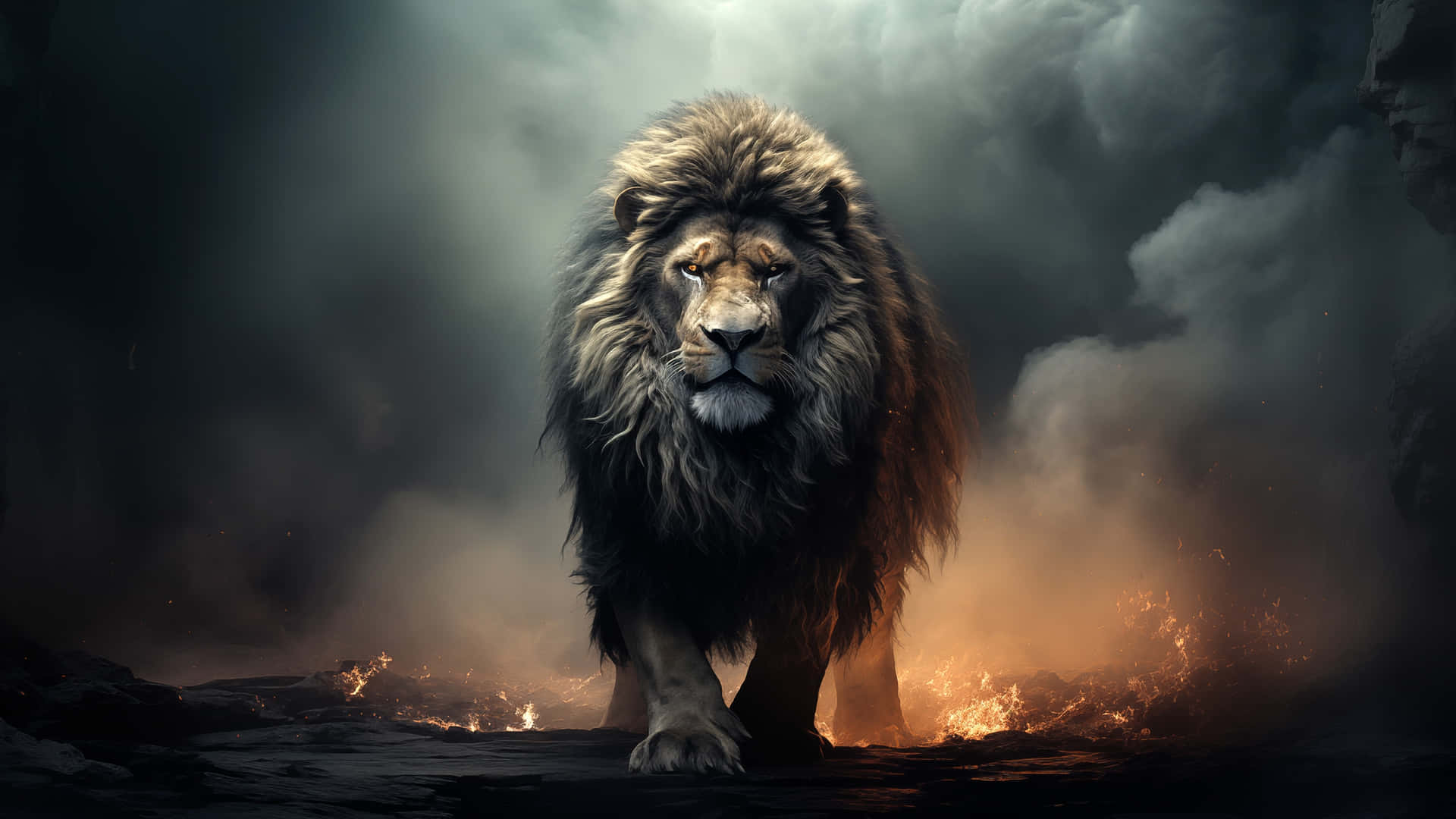 Majestic_ Lion_ Amidst_ Fire_and_ Smoke Wallpaper