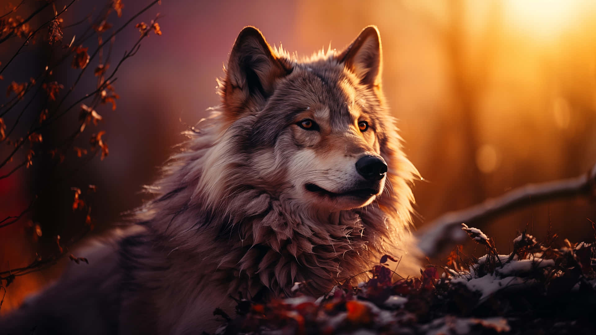 Majestic Wolfin Sunset Glow Wallpaper