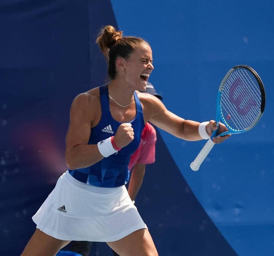 Maria Sakkari Celebrating Victory In Tennis Match Wallpaper