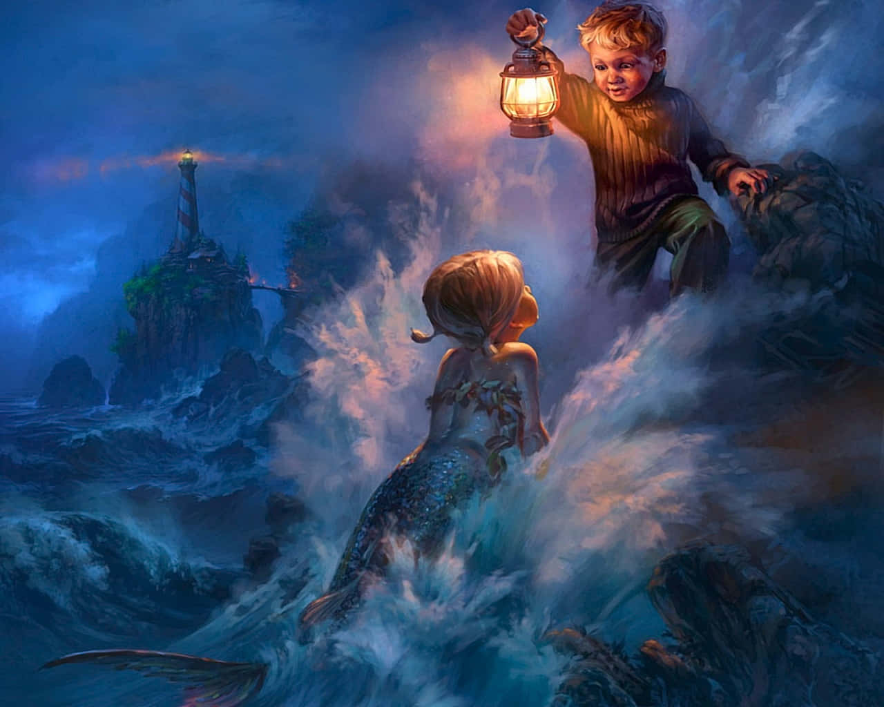 Meeting Of A Boy And Young Mermaid Wallpaper