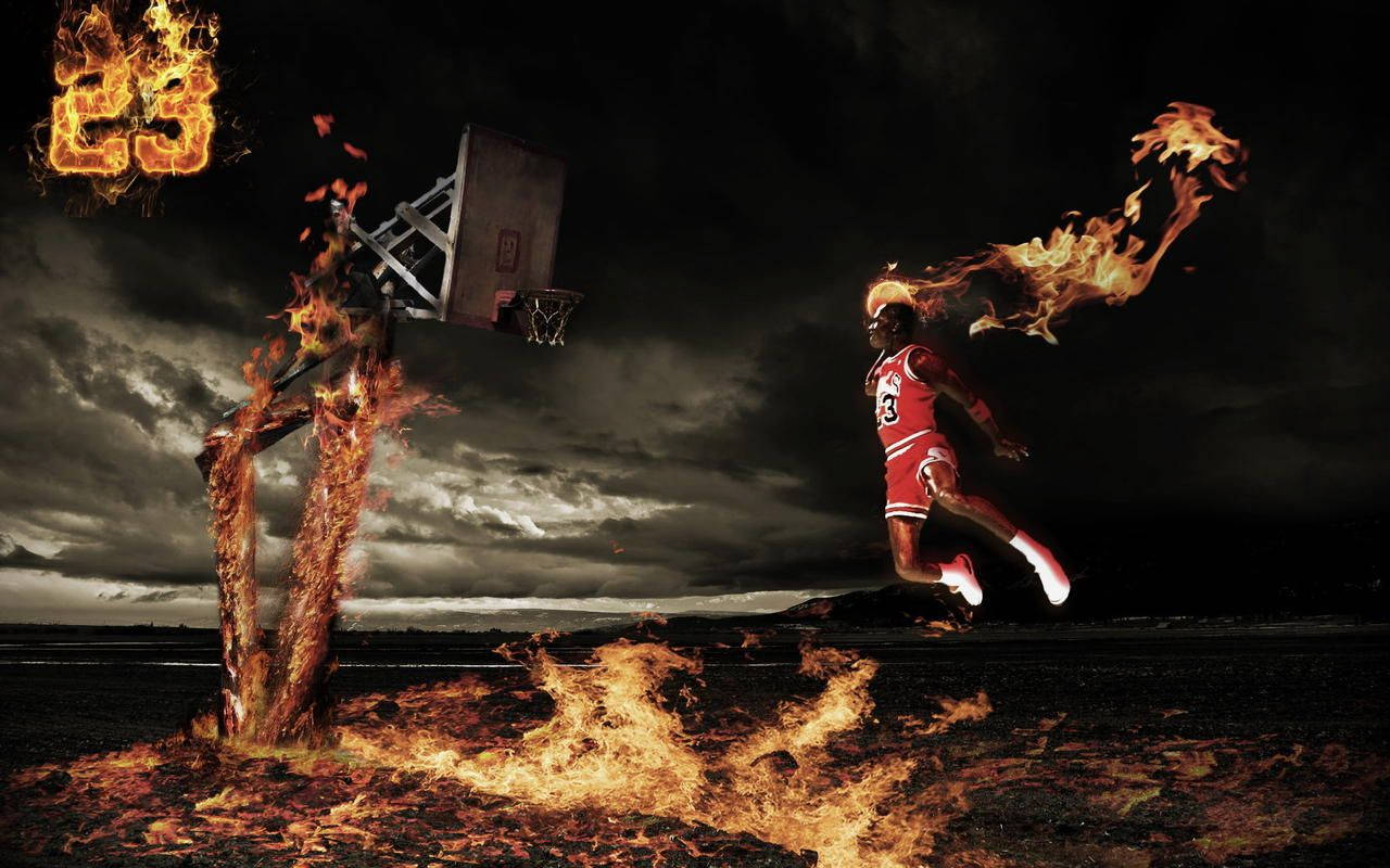 Michael Jordan Soars High With A Spectacular Slam Dunk Wallpaper