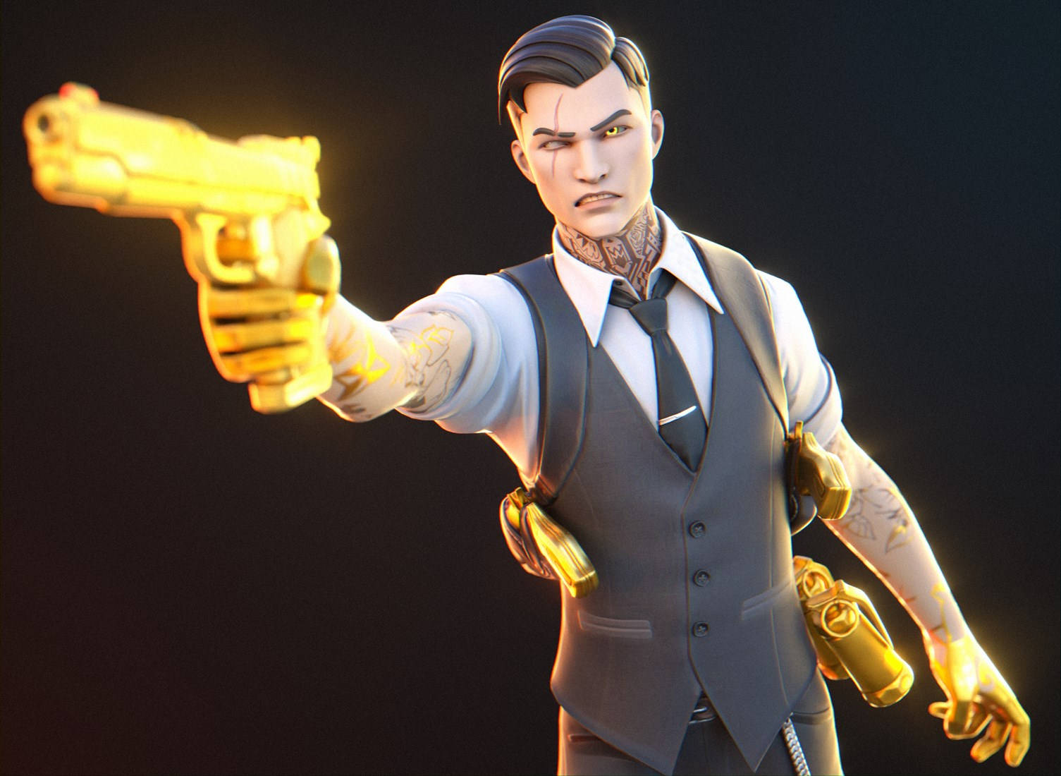 Midas Fortnite Skin Pointing His Golden Pistol Wallpaper