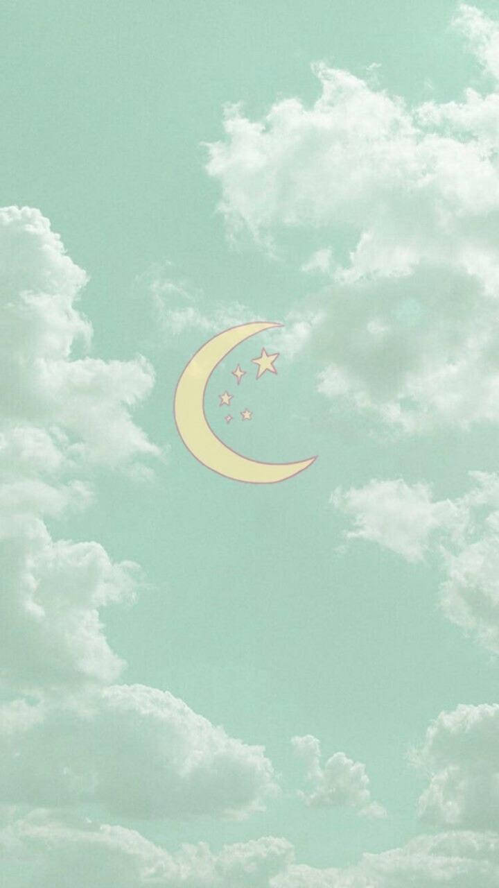 Mint Green Aesthetic Crescent Moon Wallpaper