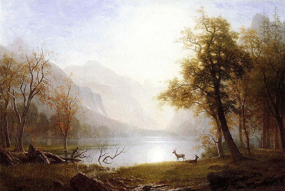 Misty_ Lake_ Scene_with_ Deer Wallpaper