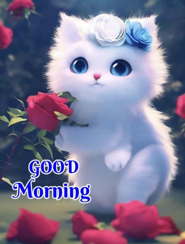 Morning White Kitten Red Roses Wallpaper