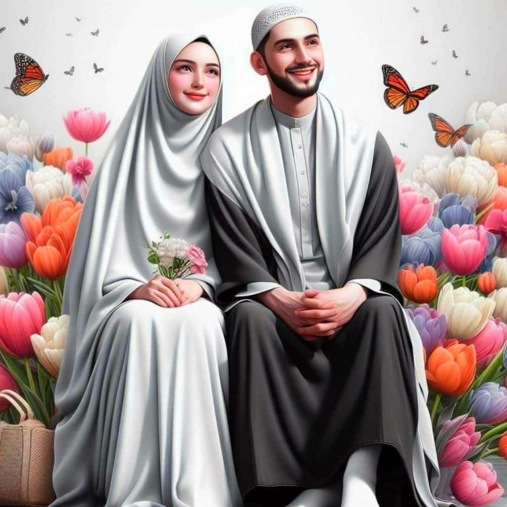 Muslim Couple Cartoon Butterflies Flowers Wallpaper