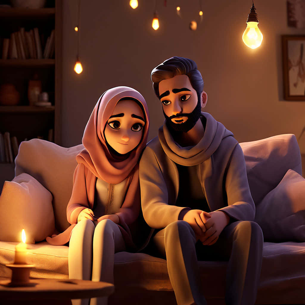 Muslim Couple Cartoon Cozy Evening Wallpaper