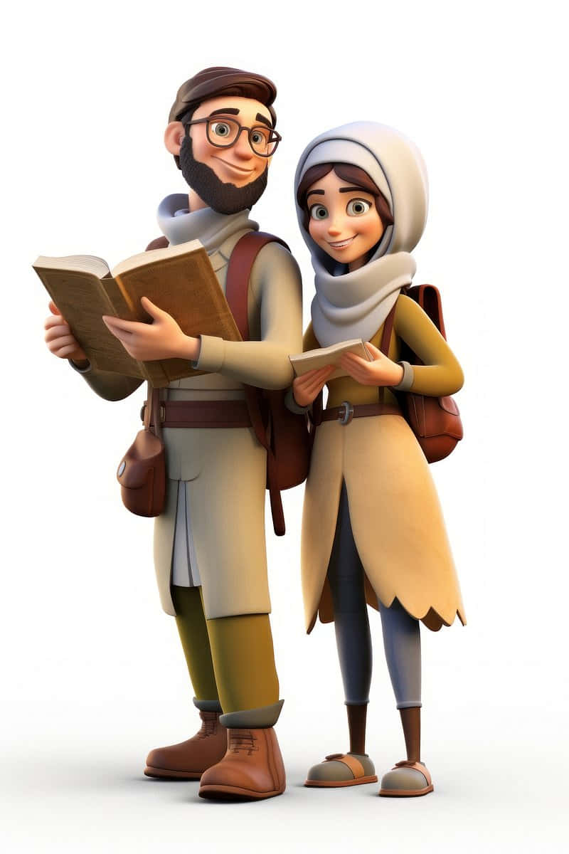 Muslim Couple Cartoon Reading Book Wallpaper