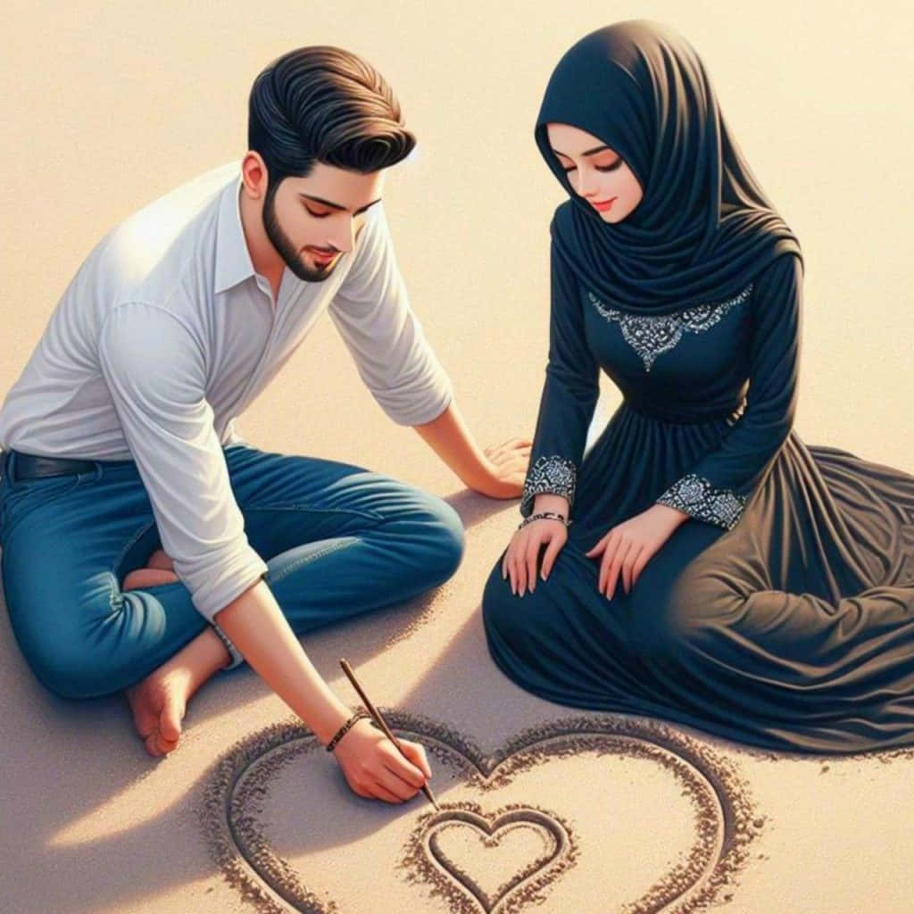 Muslim Couple Drawing Heartin Sand Wallpaper