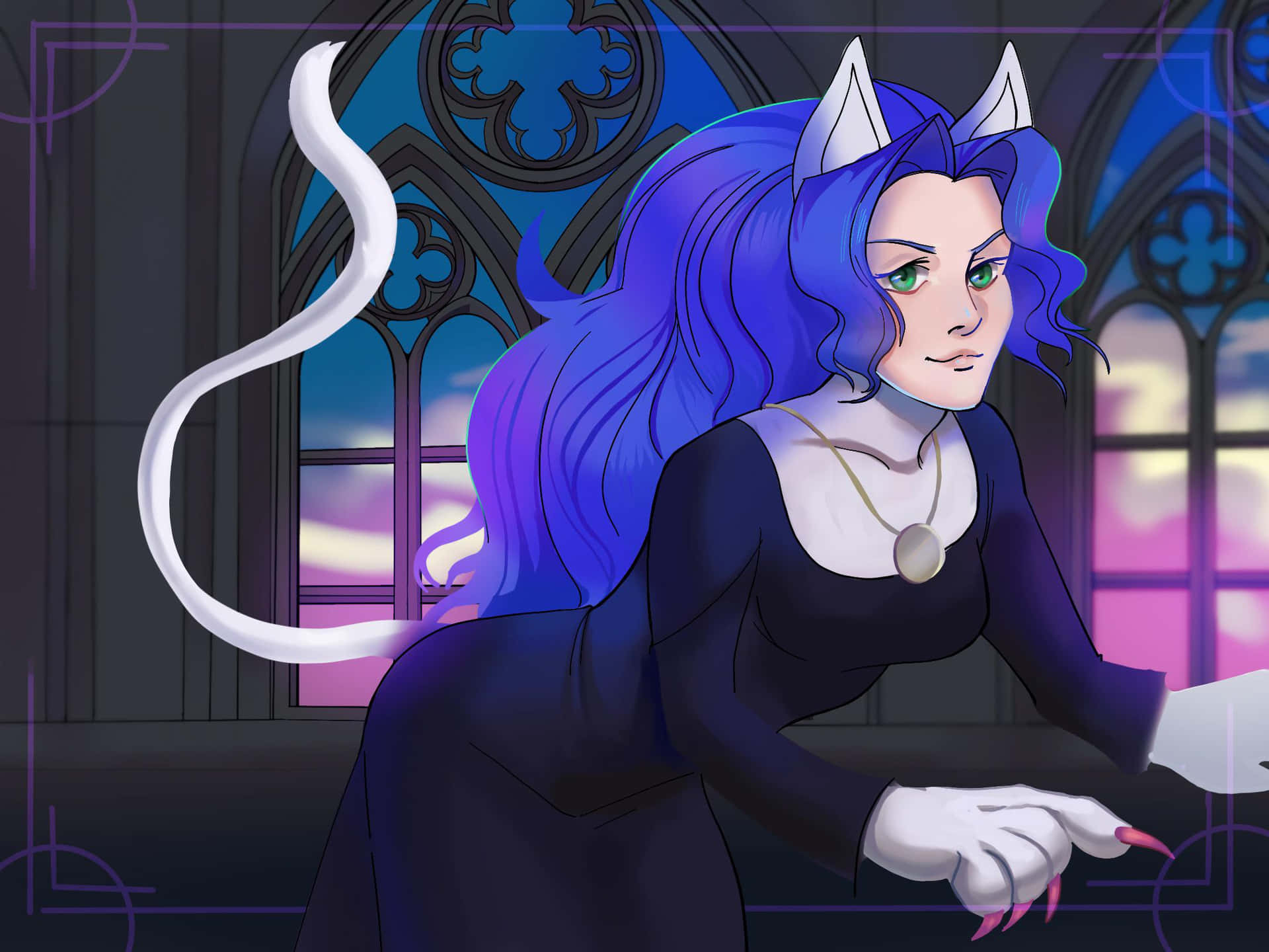 Mystical_ Feline_ Figure_ Stained_ Glass_ Background Wallpaper