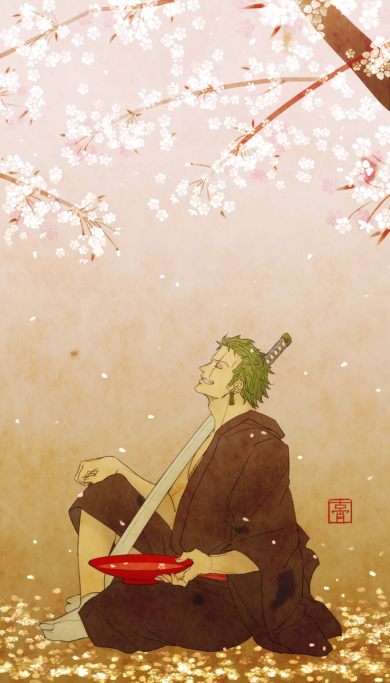 One Piece Phone Zoro Under Sakura Tree Wallpaper