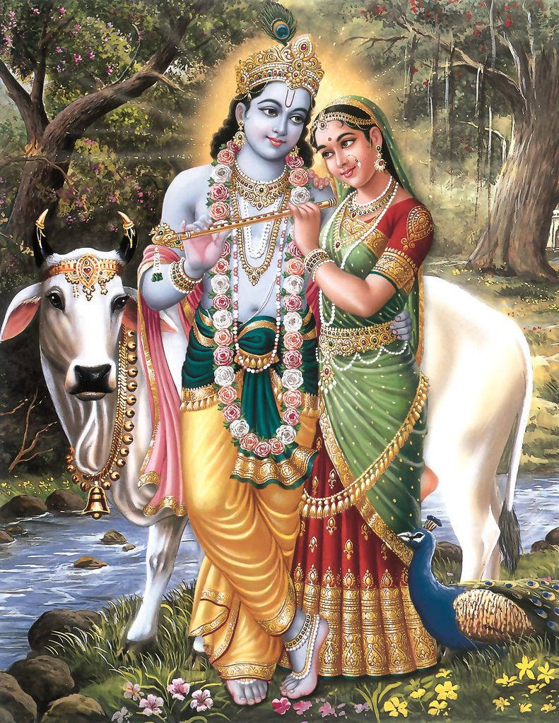 Painted Radha Krishna And Animals Wallpaper