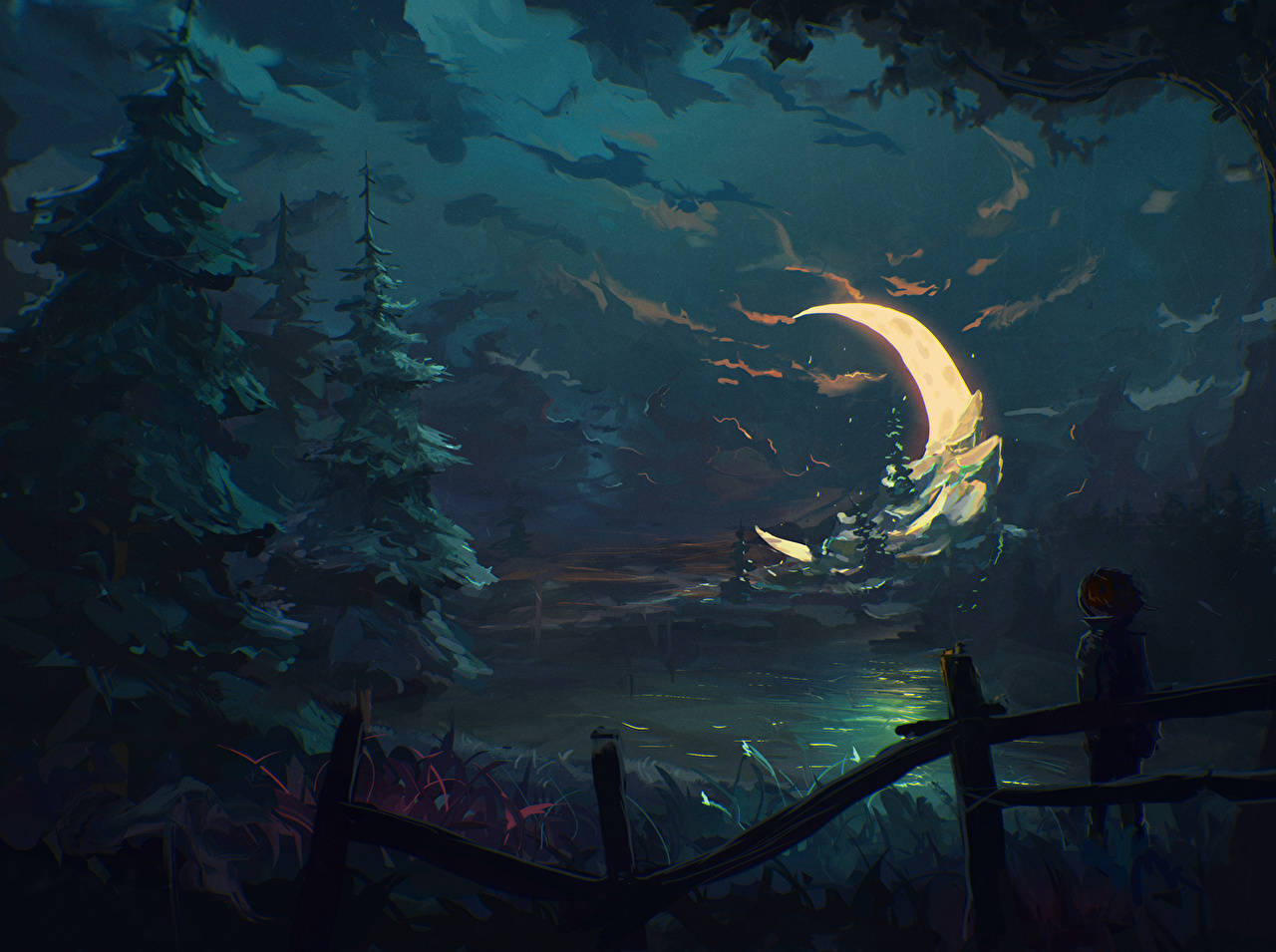 Painting Night Crescent Moon Wallpaper