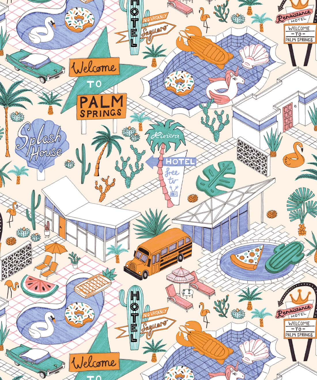 Palm Springs Pool Party Illustration Wallpaper