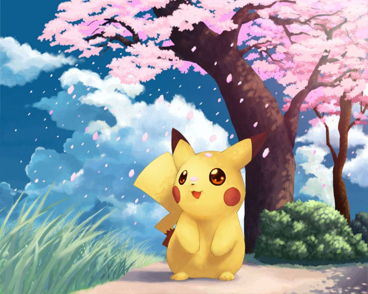 Pikachu Amidst Cherry Blossoms. Wallpaper