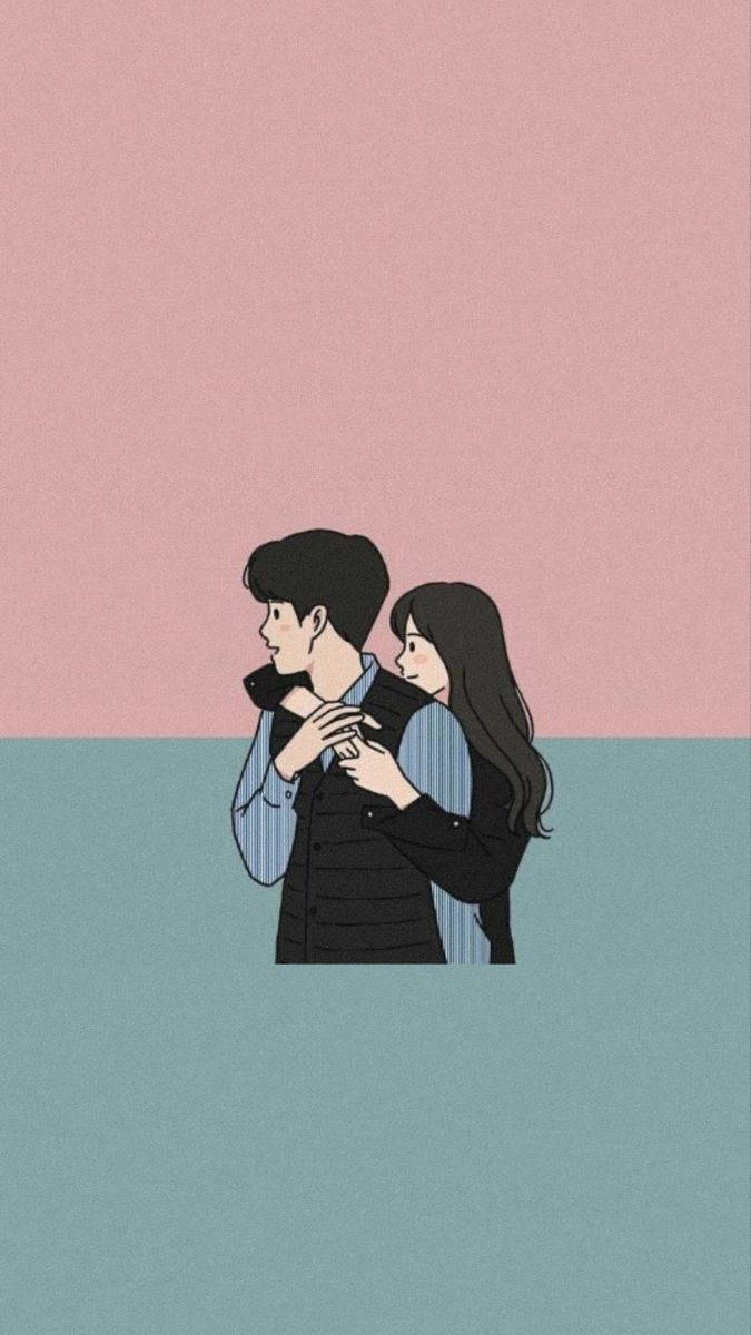 Pink And Green Cute Couple Cartoon Wallpaper