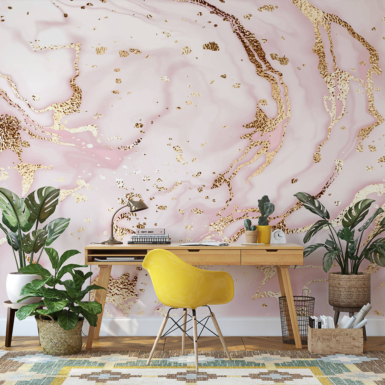 Pink Gold Marble Glazed Wallpaper