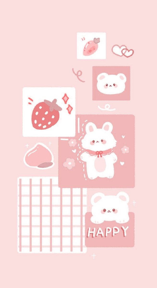 Pink Kawaii Puppy And Fruits Wallpaper