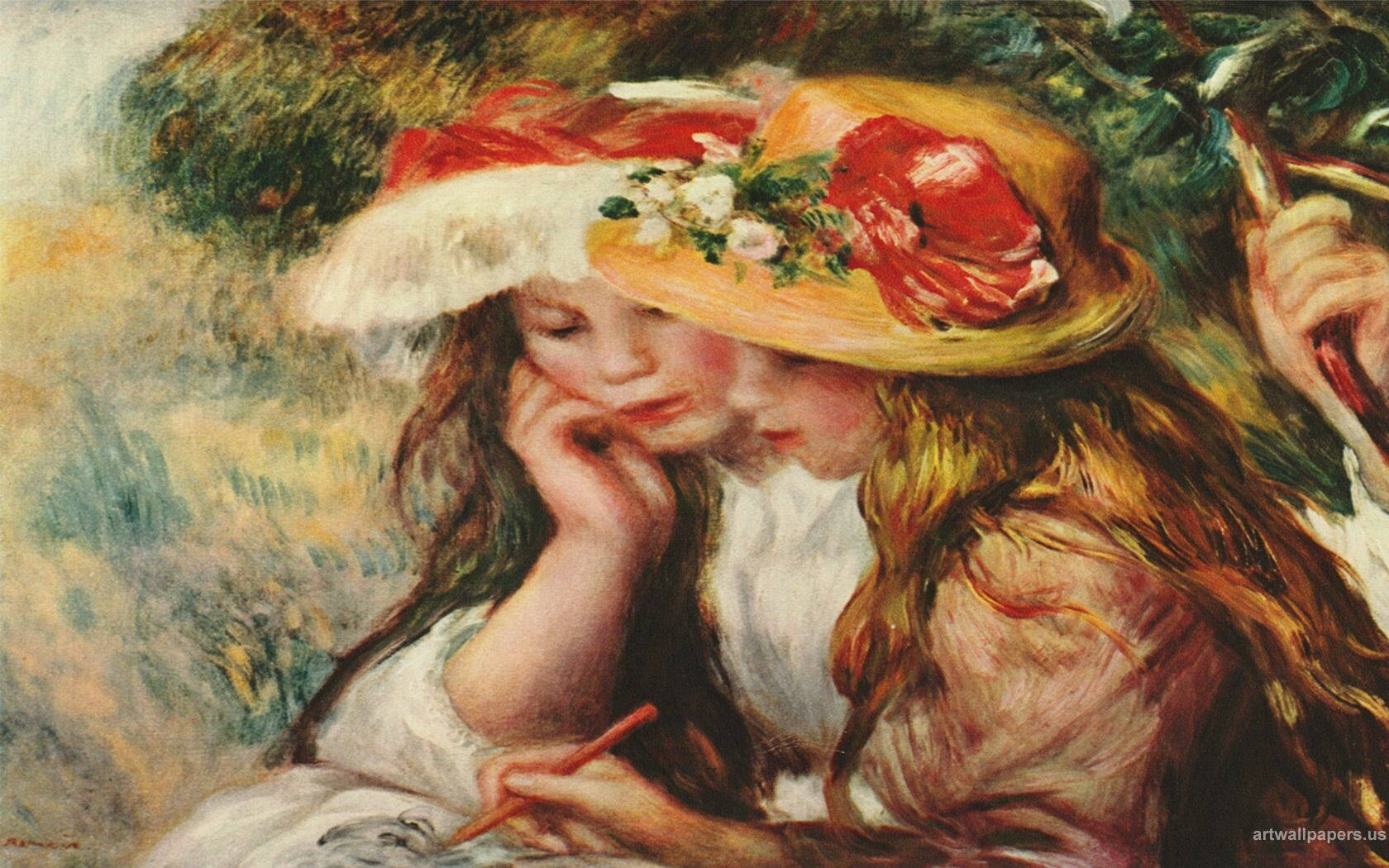 Portrait Of Young Girls With A Hat By Renoir Wallpaper