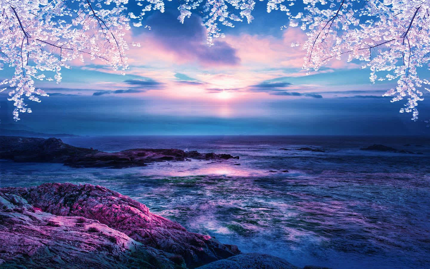 Pretty Ocean With Frosted Branches Wallpaper