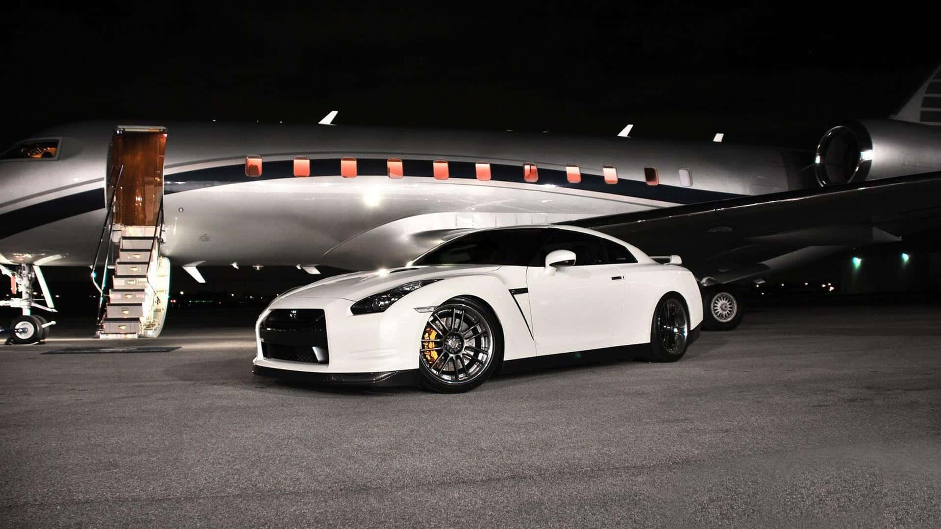 Private Jet And White Gt-r Desktop Wallpaper